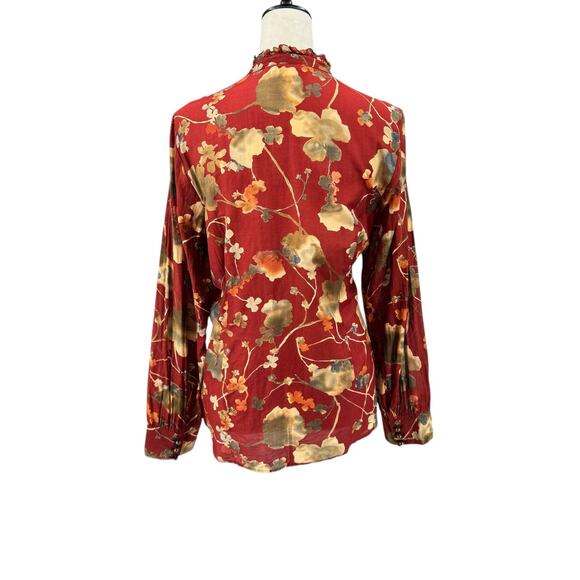 Coldwater Creek Red Floral Print Cotton Silk Blend Long Sleeve Lightweight Top - Picture 3 of 13